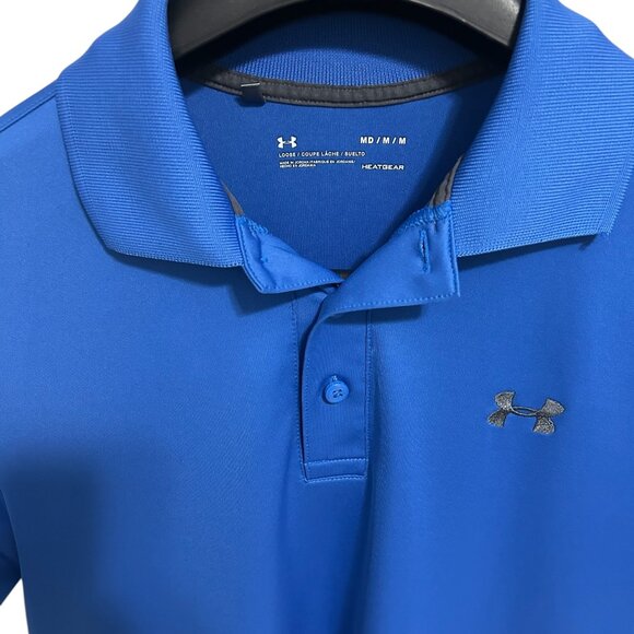 Under Armour Heatgear Golf Polo Shirt Size Medium Loose Fit Logo Blue - Picture 4 of 6